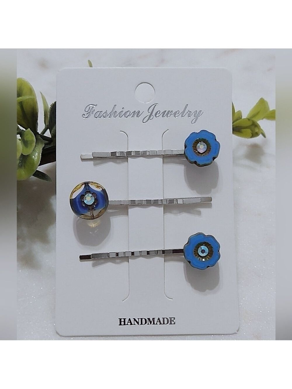 Floral Boho Rhinestone Czech Glass Blue Bead Hair Pin Set - Picture 1 of 8